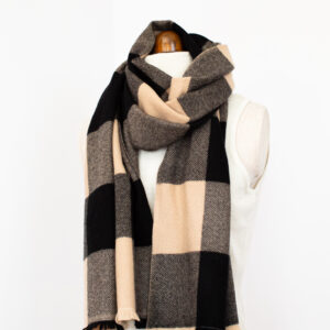 100% Cashmere Scarf, Check Pattern Black Beige Grey