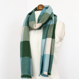 100% Cashmere Scarf, Check Pattern Green Blue White