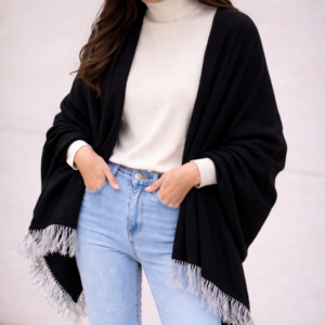Knitted Cashmere Stole with Tassel - Black